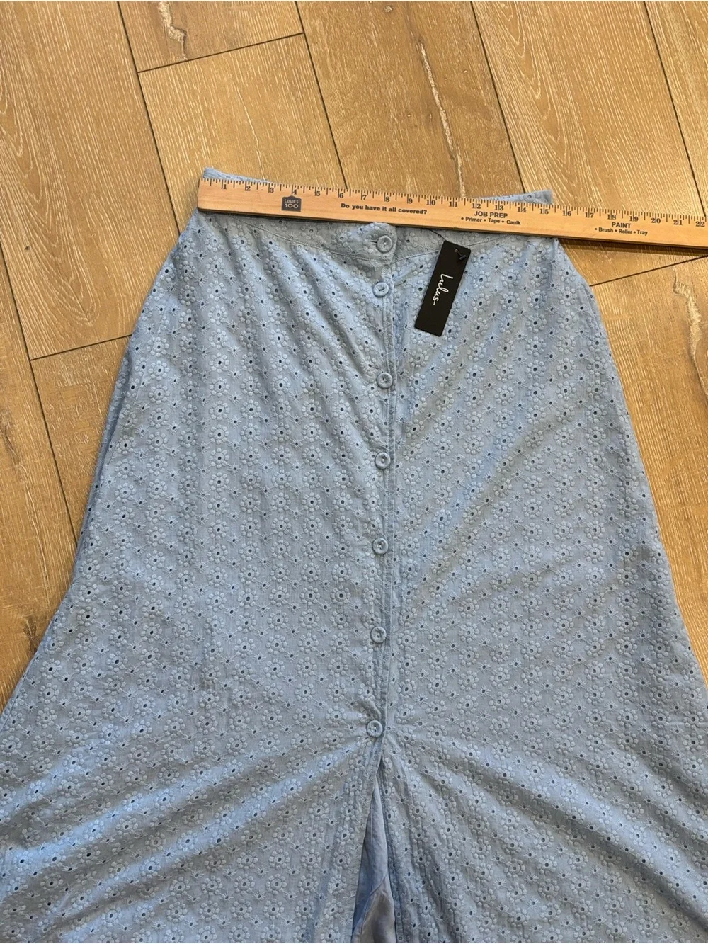 Lulus Blue Eyelet Embroidered Cotton Maxi Skirt Button Front Lined NWT Large
